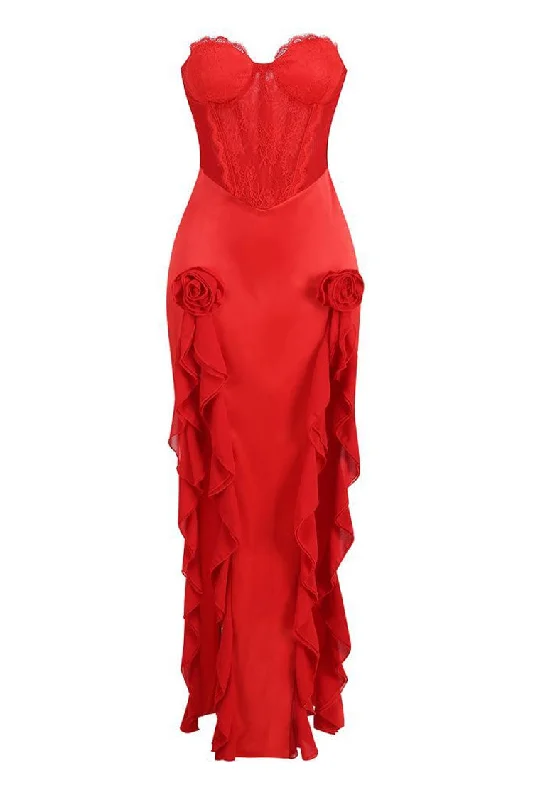 Silky Satin Strapless Lace Corset Rosette Ruffled Split Evening Maxi Dress Elegant Lace Maxi Dress