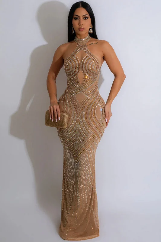 Sparkly Rhinestone Halter Neck Fishtail Sheer Mesh Maxi Dress - Apricot Stylish Button-Up Maxi Dress Sparkly Rhinestone Halter Neck Fishtail Sheer Mesh Maxi Dress - Apricot Stylish Button-Up Maxi Dress