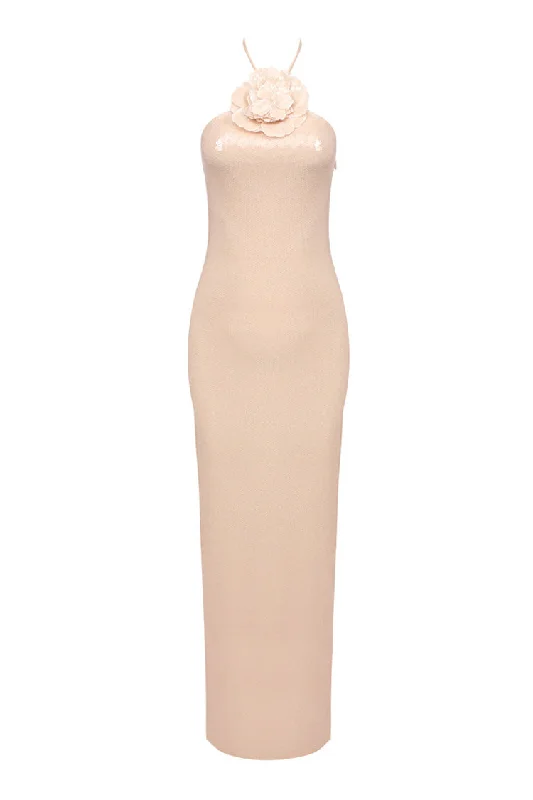 Sparkly Rosette Halter Sequin Embellished Split Sheath Evening Maxi Dress Stylish Maxi Dress with Frills Sparkly Rosette Halter Sequin Embellished Split Sheath Evening Maxi Dress Stylish Maxi Dress with Frills