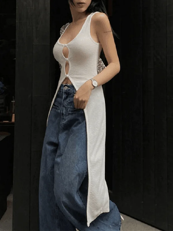 Split Button Front Sleeveless Maxi Dress Elegant Maxi Dress with Ruffles