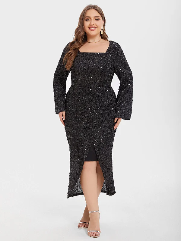 Square Neck Split Thigh Glitter Maxi Dress Stylish Long Sleeve Maxi Dress