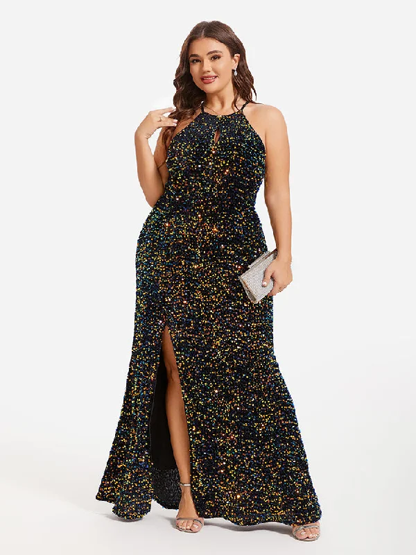 Halter Neck Split Thigh Sequin Maxi Dress Fashionable Asymmetrical Maxi Dress