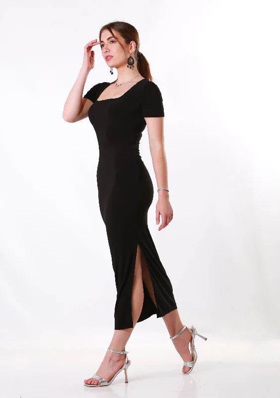 Square neck Maxi Dress short sleeve- Black