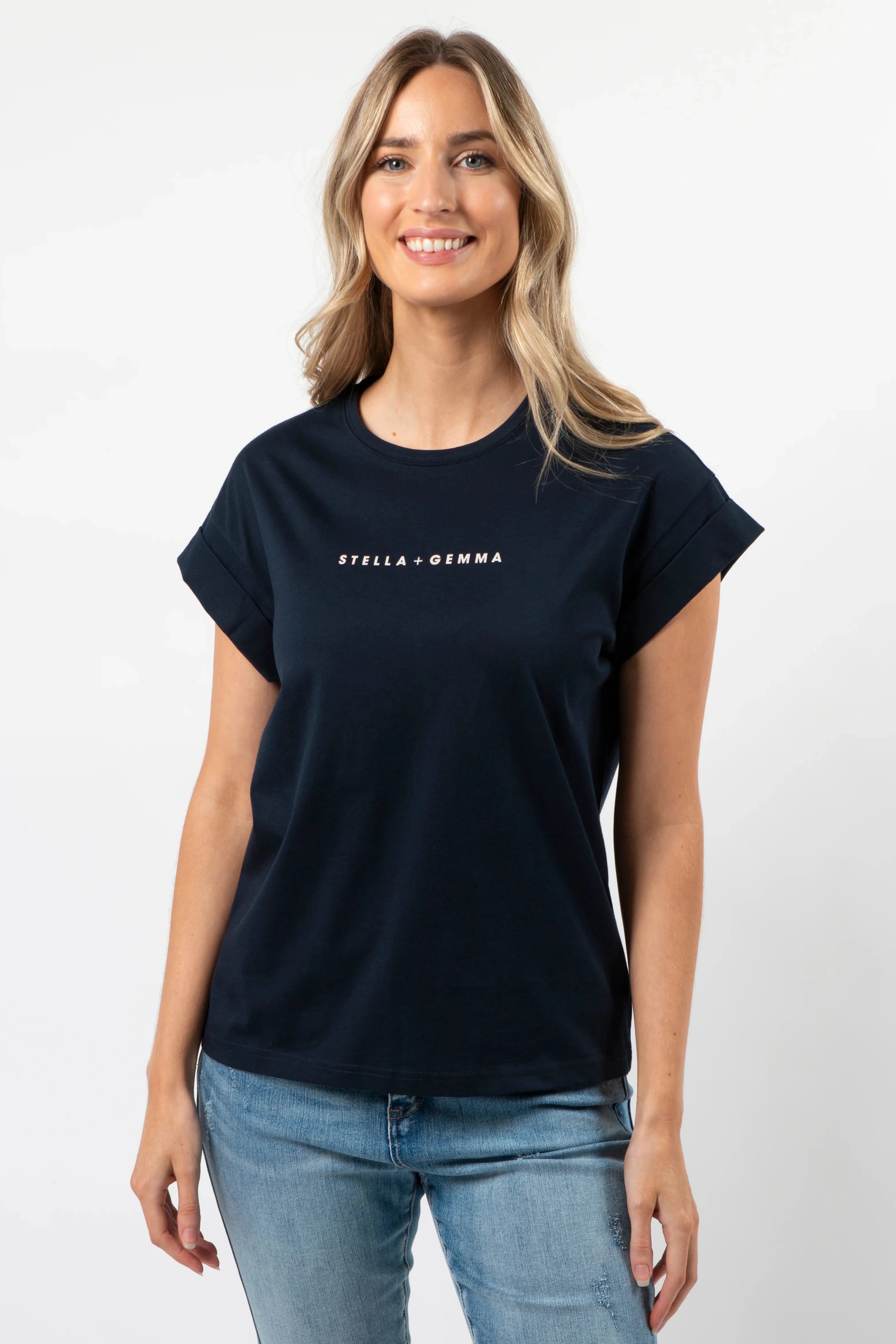 STELLA + GEMMA CUFF SLEEVE T-SHIRT - NAVY