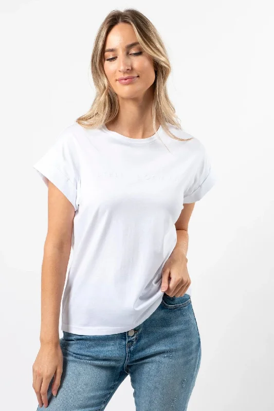 STELLA + GEMMA CUFF SLEEVE T-SHIRT - WHITE Welt Pockets Slit Pockets
