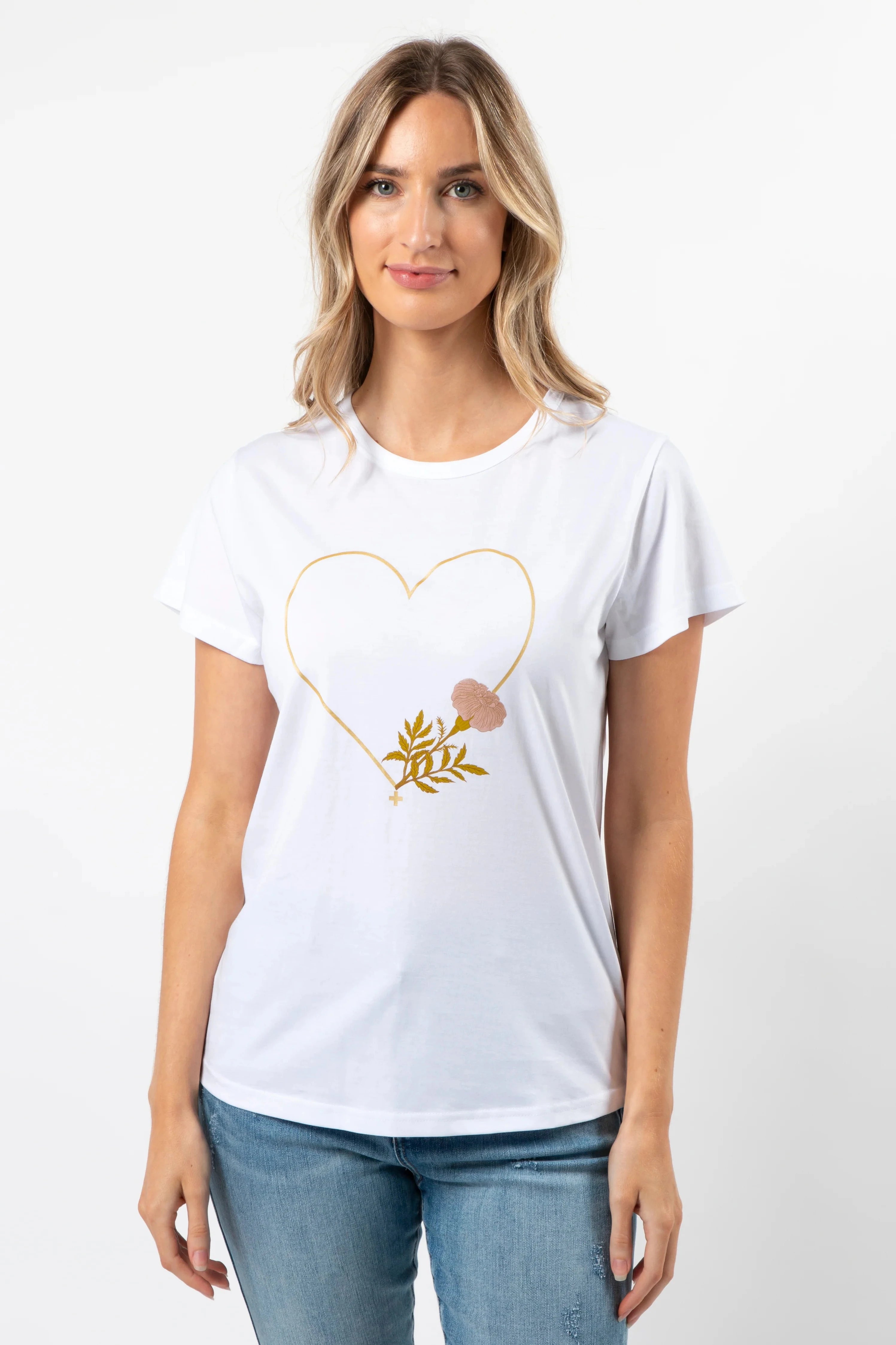 STELLA + GEMMA T-SHIRT - WHITE FIORE WITH GOLD HEART Solid Color Striped Floral