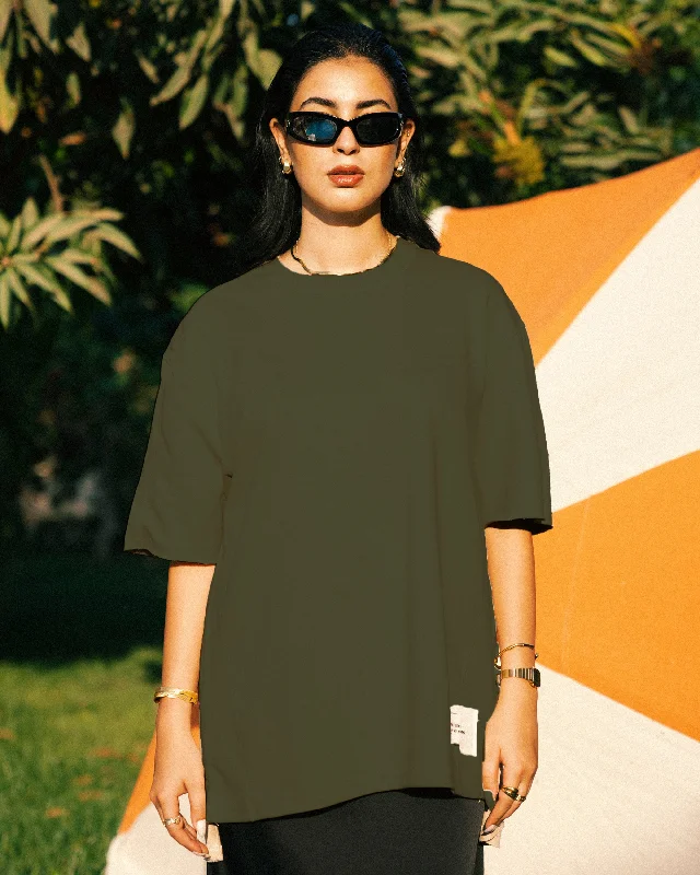 Stitched Basic Unisex Oversized SS T-Shirt - Olive Solid Color Striped Floral