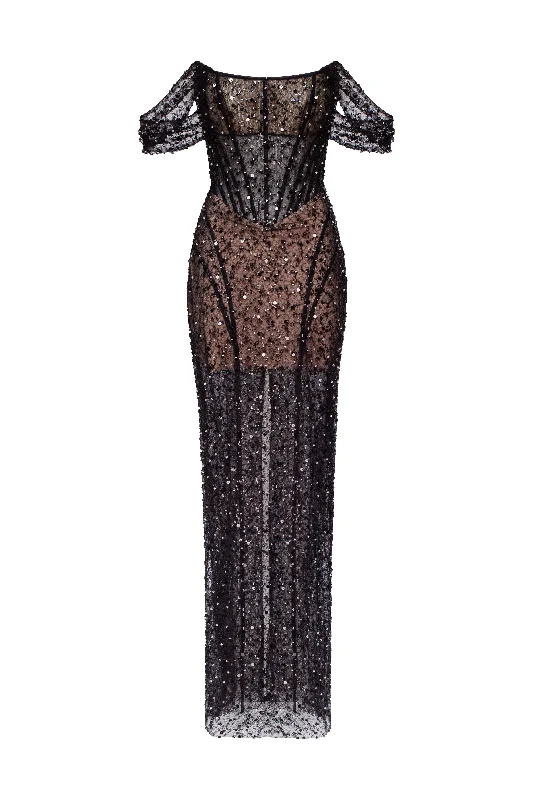 Striking black sequined fitted maxi dress  Comfortable T-Shirt Maxi Dress