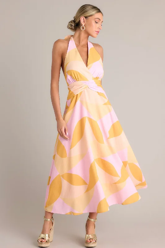 Sunset Sorbet Light Pink & Orange Halter Maxi Dress Trendy Off-Shoulder Ruffle Maxi Dress