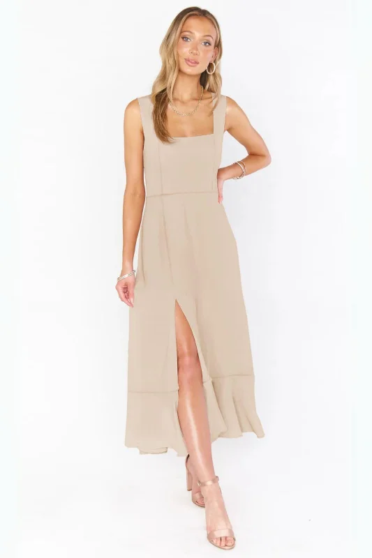 Tie strap maxi dress with slit- Beige Elegant Sleeveless Maxi Dress