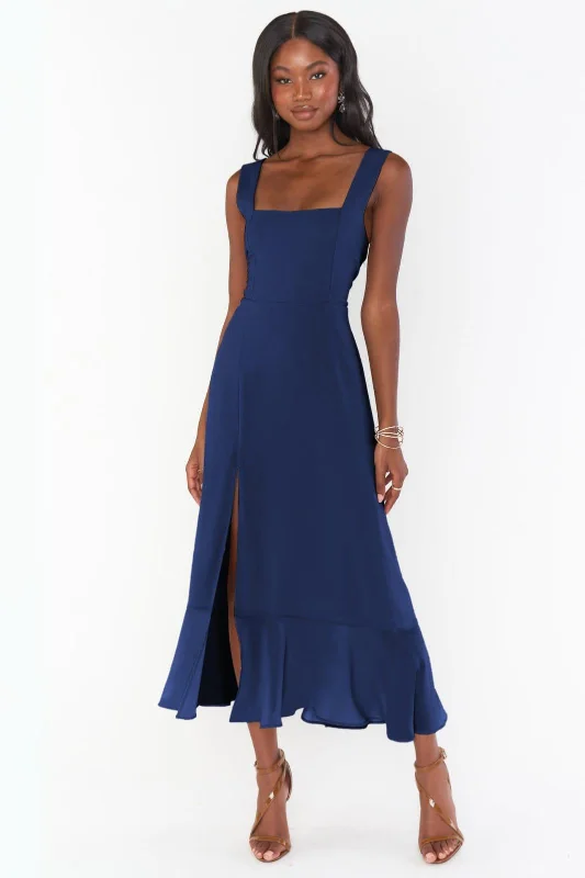 Tie strap maxi dress with slit- Royal blue Comfortable Ruffle Hem Maxi Dress