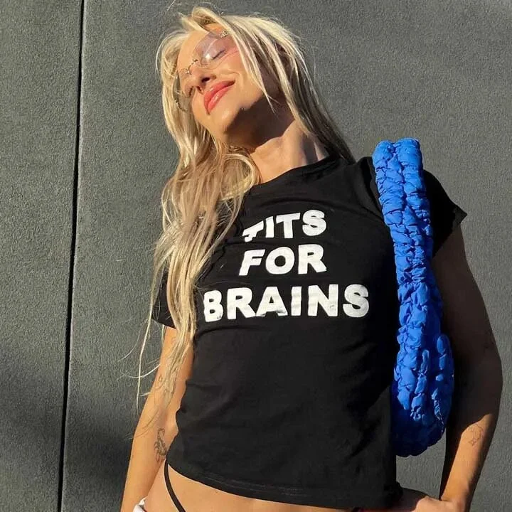Tits For Brains Tee Collared Crew Neck Turtle Neck