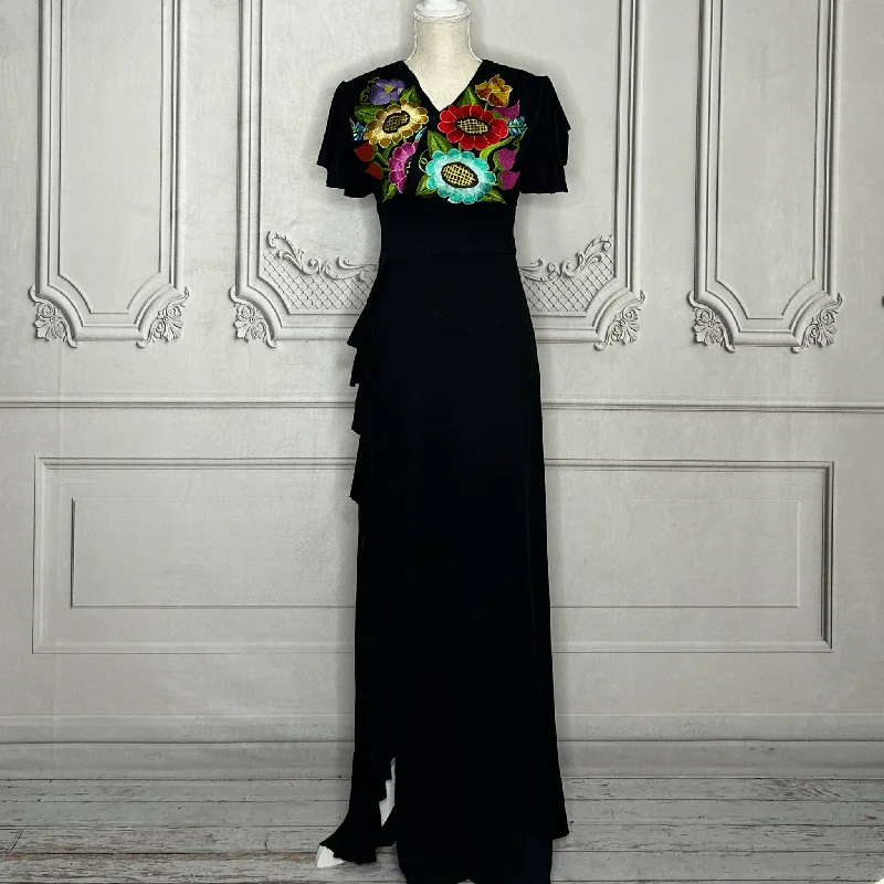 V-Neck Mexican Maxi Dress - Zinia Elegant Maxi Dress with Drapes