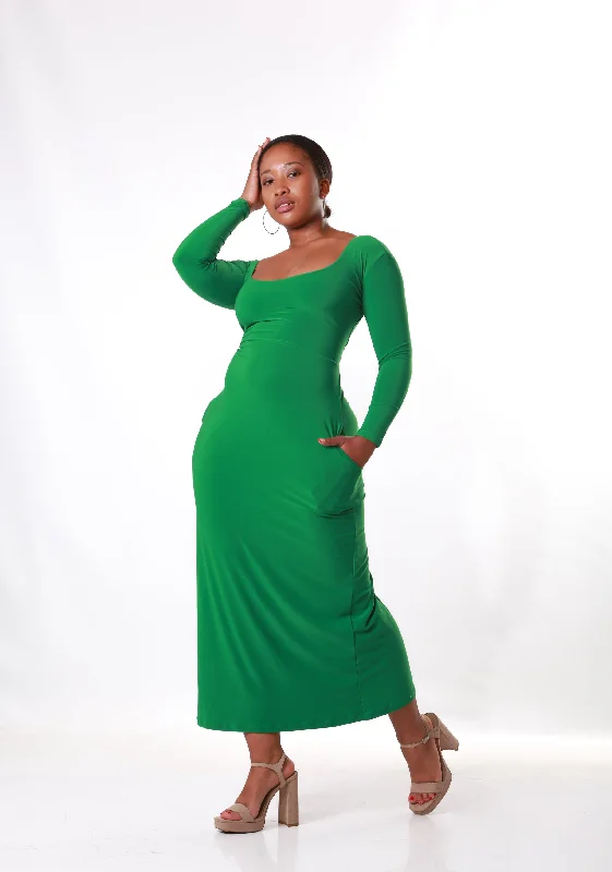 Waist Cinching Maxi Dress- Green Trendy V-Neck Maxi Dress