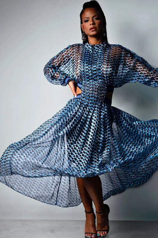 Wave Print Cutout Long Sleeve High Neck Pleated Maxi Dress - Blue Cozy Longline Maxi Dress Wave Print Cutout Long Sleeve High Neck Pleated Maxi Dress - Blue Cozy Longline Maxi Dress
