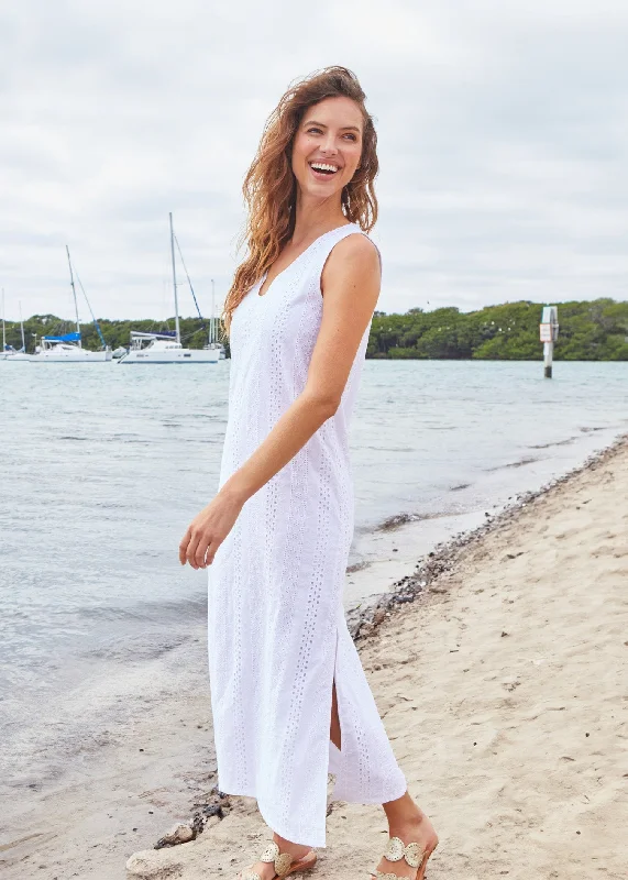 White Eyelet Side Slit Maxi Dress Elegant Sleeveless Maxi Dress