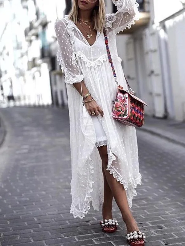 White Pretty V-neck Long Sleeves Maxi Dresses Classic Solid Maxi Dress