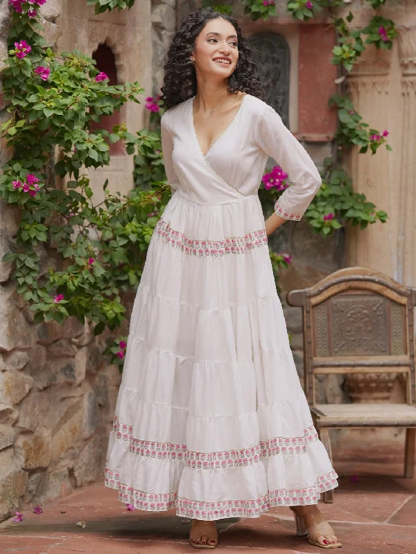White Printed Cotton Maxi Dress Fashionable High-Low Maxi Dress