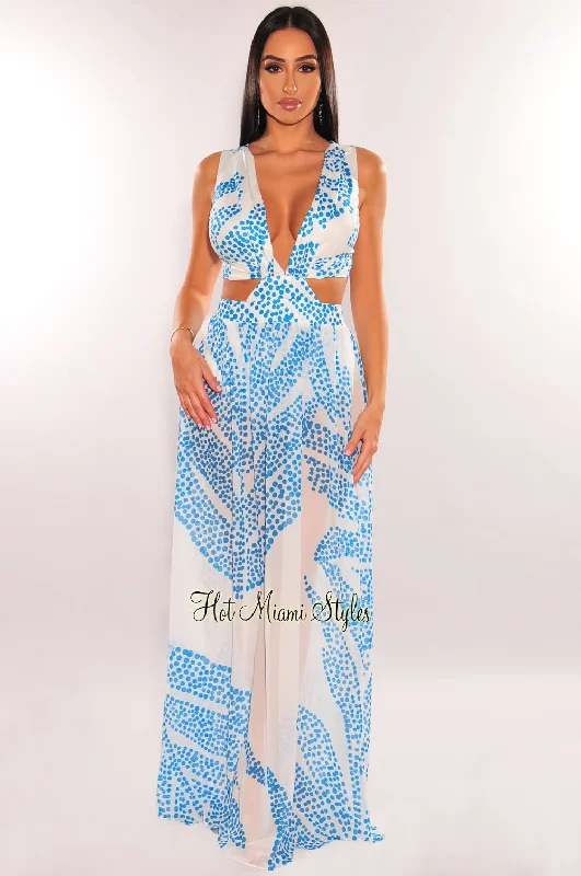 White Teal Palm V Neck Cut Out Maxi Dress Comfortable Maxi Dress with Sleeves