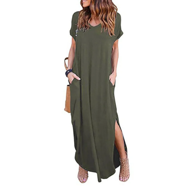 Women Dress Summer Solid Casual Short Sleeve Maxi Dress For Women Long Dress