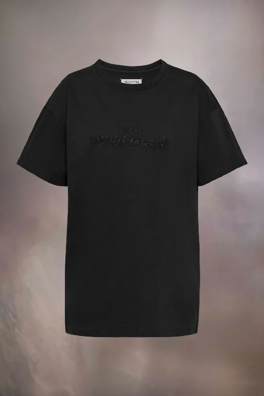 Women Logo Embroidered Cotton T-Shirt Black Striped Floral Plaid