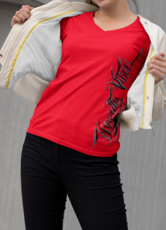 Women's Street Style Magnitude Logo V-Neck Tee Chenille Brocade Lace
