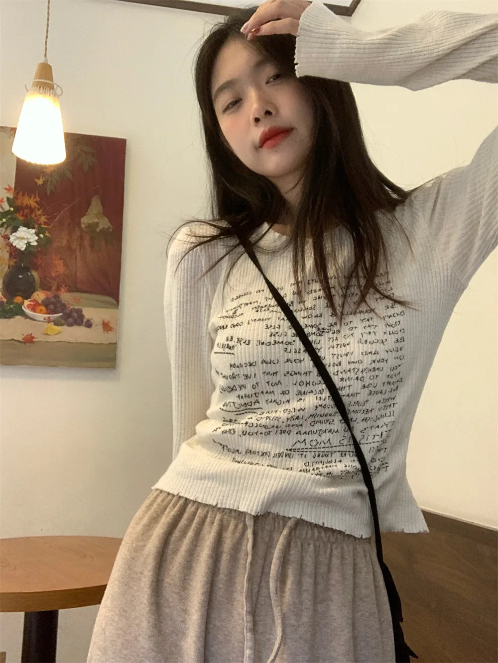 Lunivop Y2K Women Shoulder Long Sleeve Letter Printed T-shirt  Round Neck T-Shirts Korean Autumn Vintage  Long Sleeve Knit  Fashion Tops