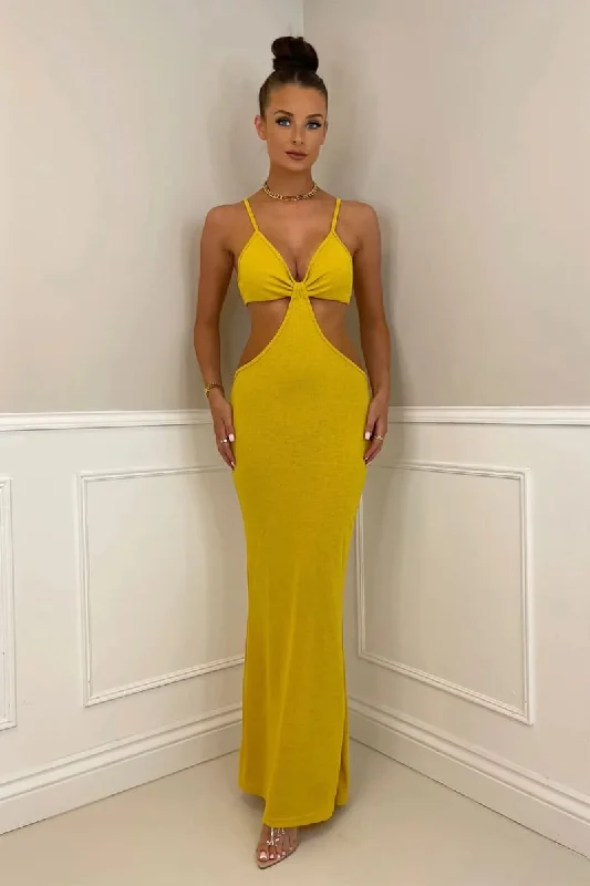 Yellow Front Tie Cut Out Backless Knitted Maxi Dress Classic V-Neck Maxi Dress