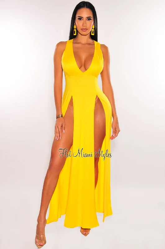 Yellow Sleeveless V Neck Double Slit Cover Up Maxi Dress Elegant Maxi Dress with Slit Yellow Sleeveless V Neck Double Slit Cover Up Maxi Dress Elegant Maxi Dress with Slit