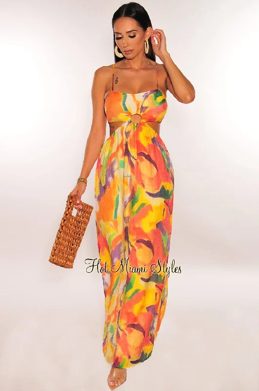 Yellow Watercolor Print O Ring Cut Out Maxi Dress Chic Button-Up Maxi Dress