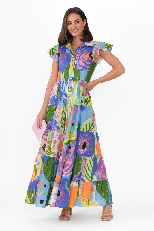 Zani Blue Tropical Cotton Maxi Dress Fashionable Sleeveless Maxi Dress