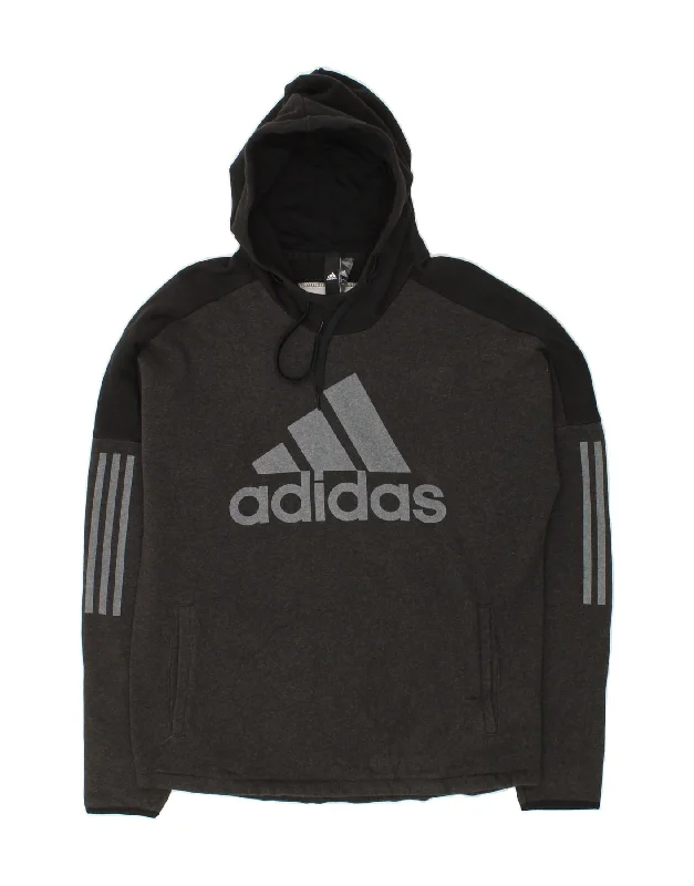 ADIDAS Mens Graphic Hoodie Jumper Large Grey Colourblock Cotton Hoodie Crop Top Short Trendy