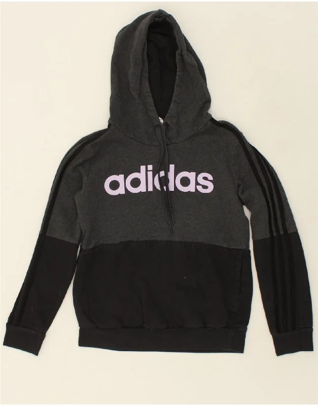 ADIDAS Womens Graphic Hoodie Jumper UK 10 Small Grey Colourblock Cotton