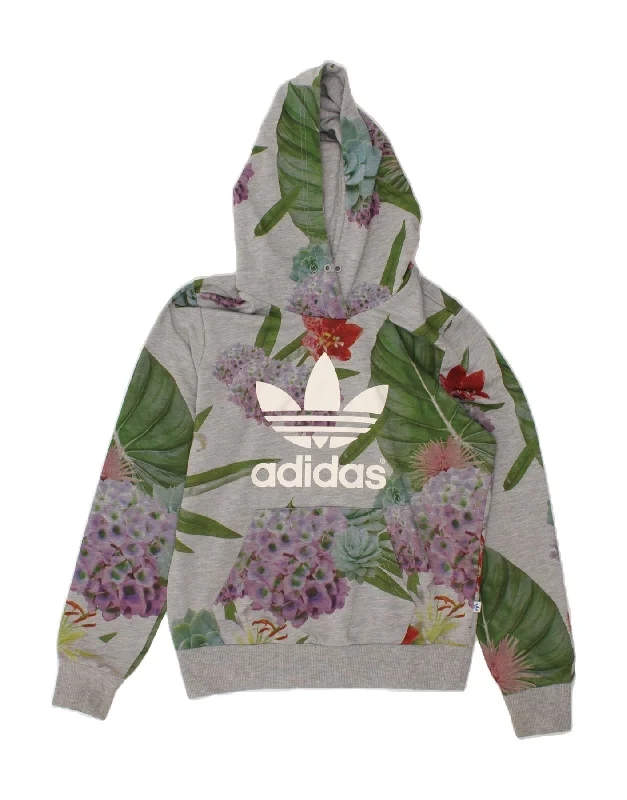 ADIDAS Womens Graphic Hoodie Jumper UK 12 Medium  Grey Floral Cotton