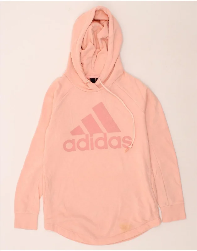 ADIDAS Womens Graphic Hoodie Jumper UK 8/10 Small Pink Cotton Hoodie with Hem Patch Decorative Personalized ADIDAS Womens Graphic Hoodie Jumper UK 8/10 Small Pink Cotton Hoodie with Hem Patch Decorative Personalized