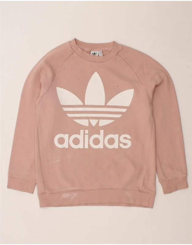 ADIDAS Womens Graphic Sweatshirt Jumper UK 6 XS Pink Cotton Hoodie with Mock Neck Collared Structured