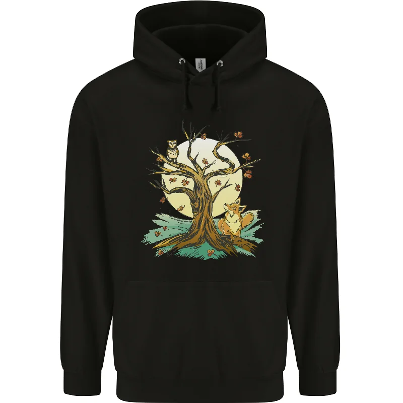 An Owl and Fox Tree Nature Ecology Mens 80% Cotton Hoodie Hoodie with Slit Hem Functional Movement An Owl and Fox Tree Nature Ecology Mens 80% Cotton Hoodie Hoodie with Slit Hem Functional Movement