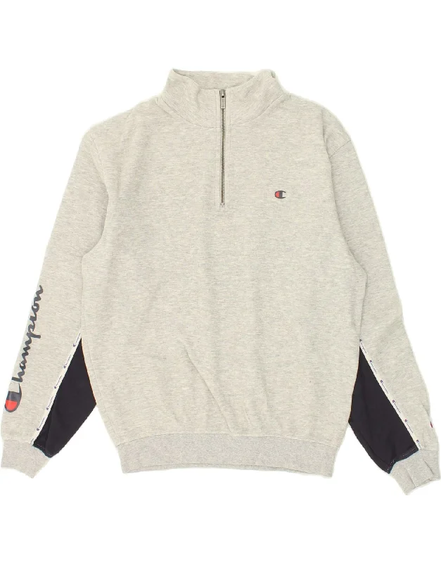 CHAMPION Mens Graphic Zip Neck Sweatshirt Jumper Small Grey Colourblock