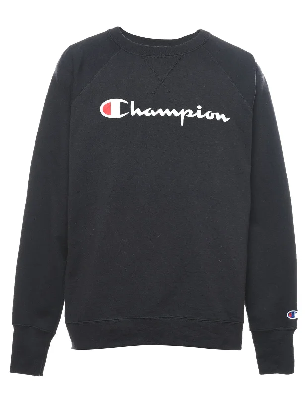 Champion Printed Black Sweatshirt - L Hoodie with Patch Decorative Personalized