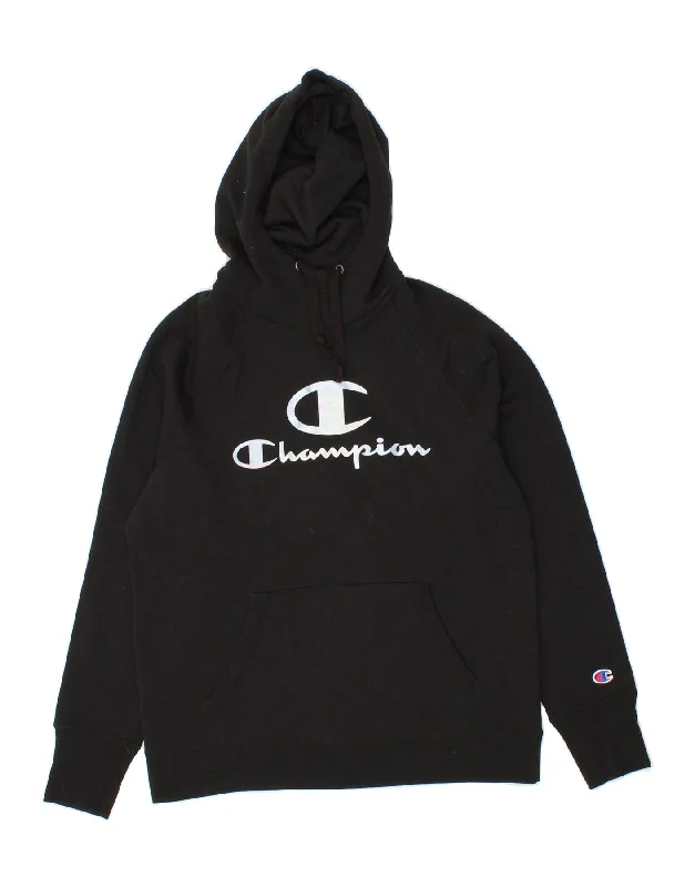 CHAMPION Womens Graphic Hoodie Jumper UK 14 Medium Black Cotton Hoodie with Ribbed Hem Stretchable Secure CHAMPION Womens Graphic Hoodie Jumper UK 14 Medium Black Cotton Hoodie with Ribbed Hem Stretchable Secure