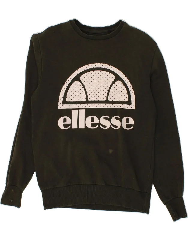 ELLESSE Mens Graphic Sweatshirt Jumper Small Green Cotton Hoodie with Applique Textured Unique