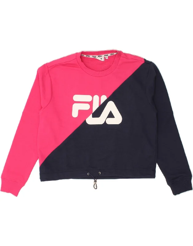 FILA Womens Crop Graphic Sweatshirt Jumper UK 14 Medium Pink Colourblock