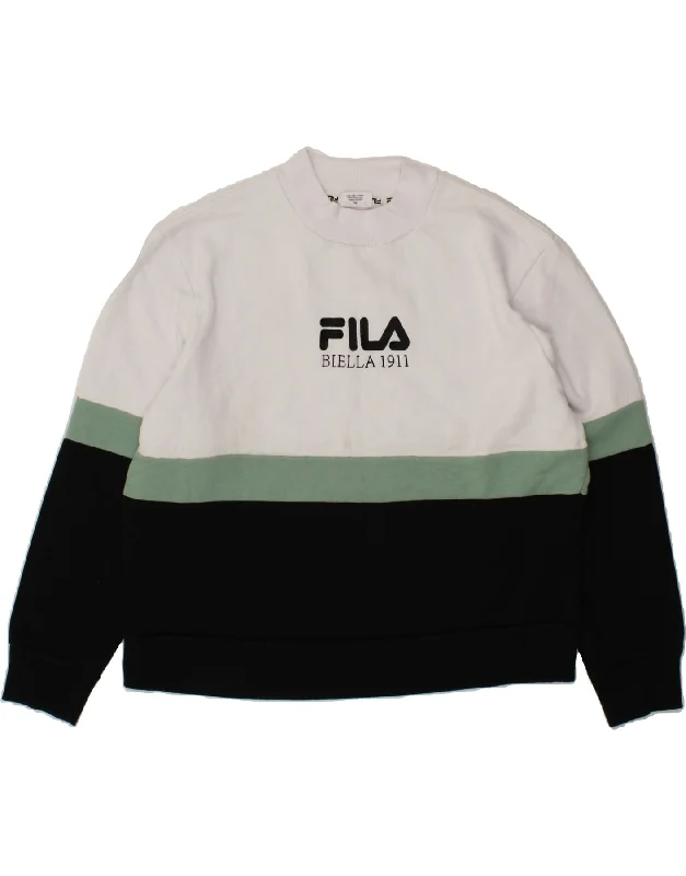 FILA Womens Graphic Sweatshirt Jumper UK 18 XL White Colourblock Cotton Hoodie with Typography Text Message FILA Womens Graphic Sweatshirt Jumper UK 18 XL White Colourblock Cotton Hoodie with Typography Text Message