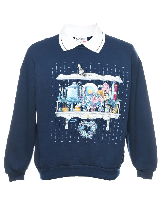 Floral Navy 1990s Sweatshirt - M Hoodie with Drawcord Adjustable Secure
