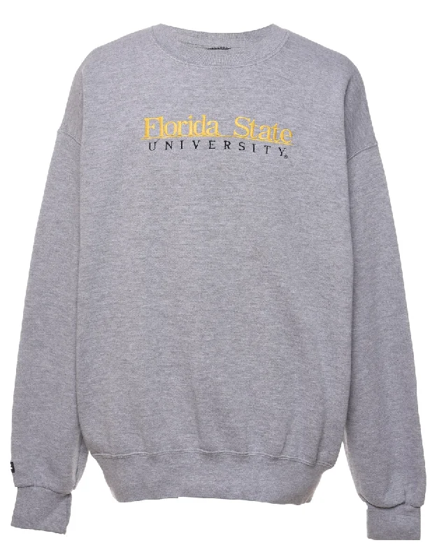 Florida State Grey Embroidered Sweatshirt - L Hoodie with Hem Frayed Vintage Worn