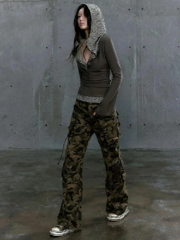 Grunge Hooded Top Hoodie with High Neck Warm Protective