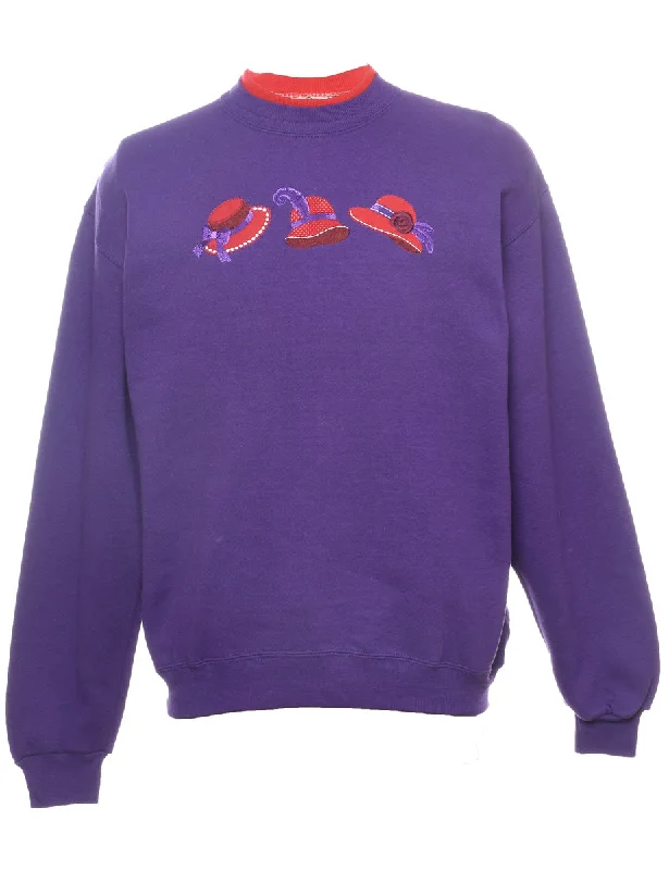 Hat Design Red & Purple 1980s Embroidered Sweatshirt - M Hoodie with Front Slit Layering Stylish Hat Design Red & Purple 1980s Embroidered Sweatshirt - M Hoodie with Front Slit Layering Stylish
