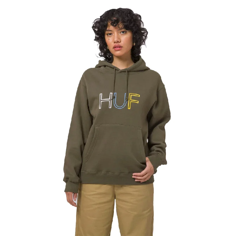 Huf - Huf HD Logo Womens Hoodie Olive Hoodie with Stripes Bold Sporty