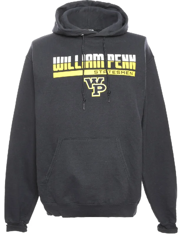 Navy Champion Printed Hoodie - M Hoodie with Hem Fringe Bohemian Relaxed
