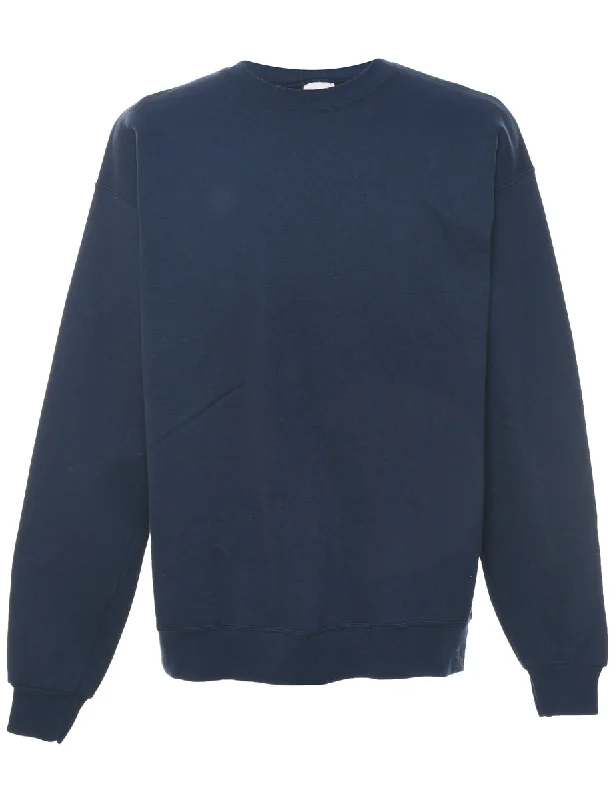 Navy Plain Sweatshirt - L Hoodie with Hem Fringe Bohemian Relaxed